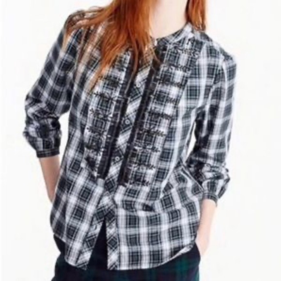 J. Crew Forrest Green Plaid Embellished Button Front Blouse Size XS Tall - Picture 1 of 7
